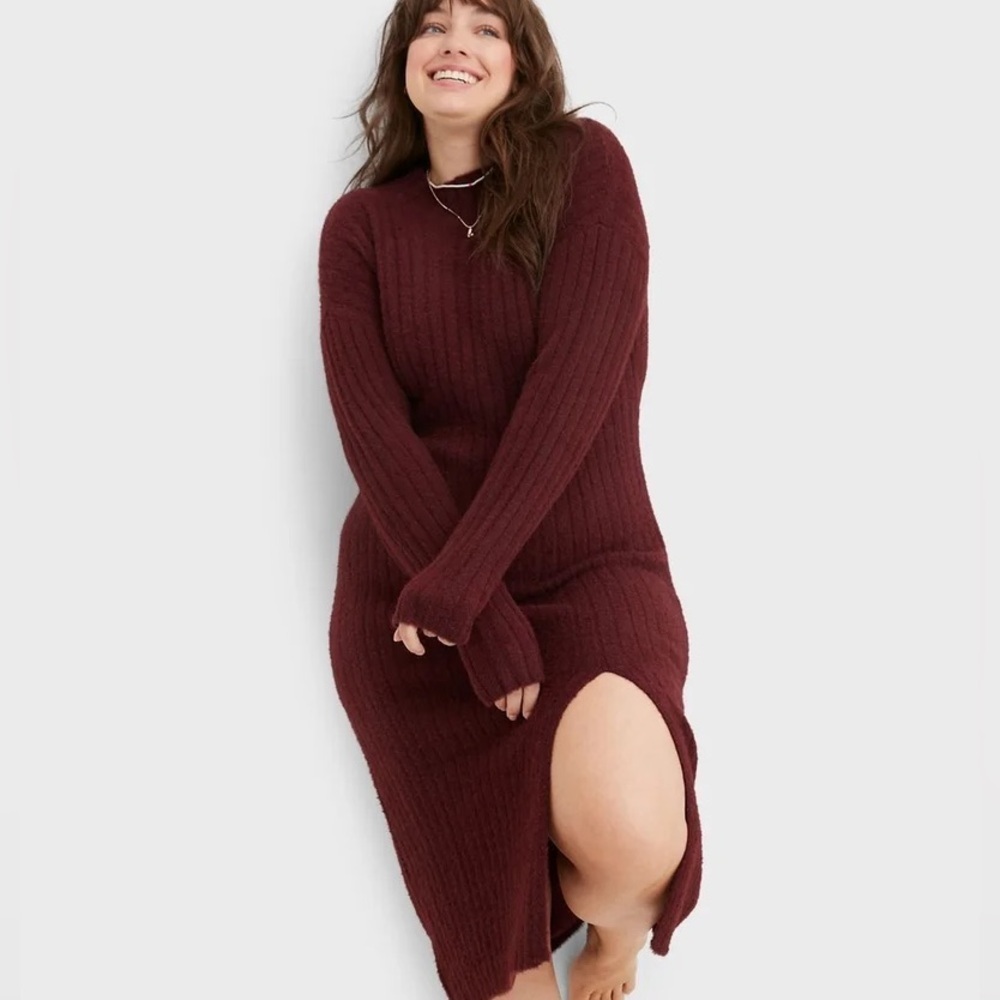 aerie | Sweaters | Aerie Ribbed Knit Mock Neck Sweater Dress Deep Burgundy